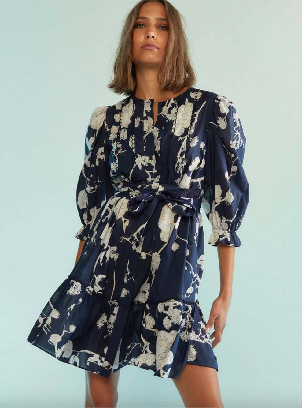 Cynthia Rowley Gaia Dress Small Floral Print Cotton Puff Sleeve Pintuck Mini